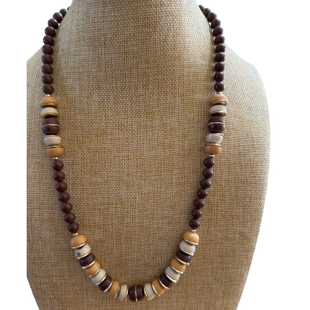 Vintage Style Earth Tone Beaded Necklace Brown Tan Cream Gold Tone Layering